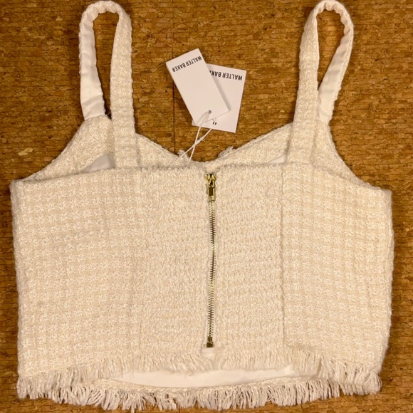 Walter Baker Aria Tweed Preppy Crop Top White Gold Fringe Button Tank NWT M - Picture 7 of 12